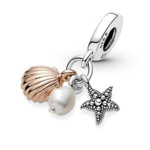 New Pandora S925 Freshwater Cultured Pearl Starfish & Shell Triple Dangle Charm